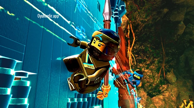 Ninja karakterleri, Ninjago City bölgesinde LEGO yapıları ve çevresel nesneler arasında ilerliyor.