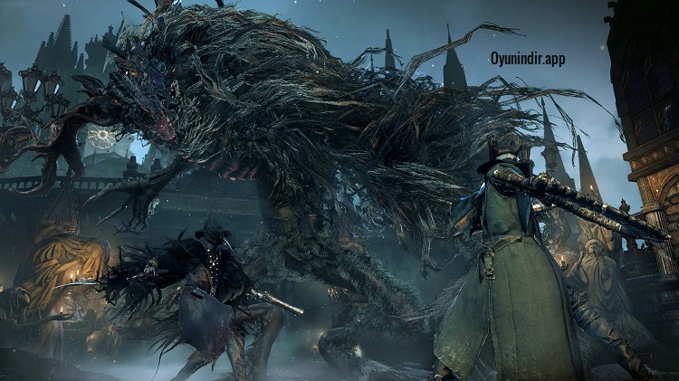 Bloodborne oyununda avcı, karanlık katedralin yıpranmış taş kemerleri ve mezarlarla çevrili geçidinde gizlenen doğaüstü tehditleri araştırıyor