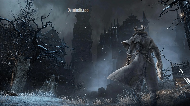 Bloodborne’da uzun paltolu avcı, kanlı ay ışığının aydınlattığı eski bir avluda devasa ve biçimsiz bir canavarla ölüm kalım savaşına giriyor