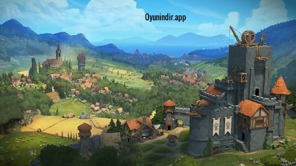 Foundation oyununda serbest yerleşim düzeniyle gelişen orta çağ köyü ve çevresindeki üretim alanları.