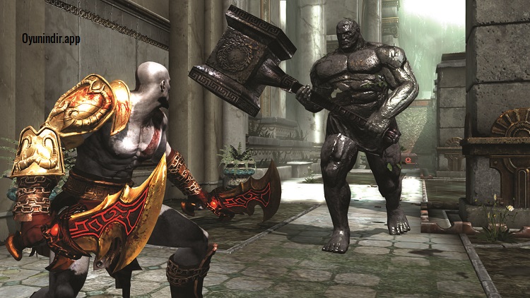 God of War III Remastered oyununda Kratos altın zırhı ve zincirli silahlarıyla dev bir akrep benzeri yaratığa saldırırken kayalıkların üzerinde havada süzülüyor