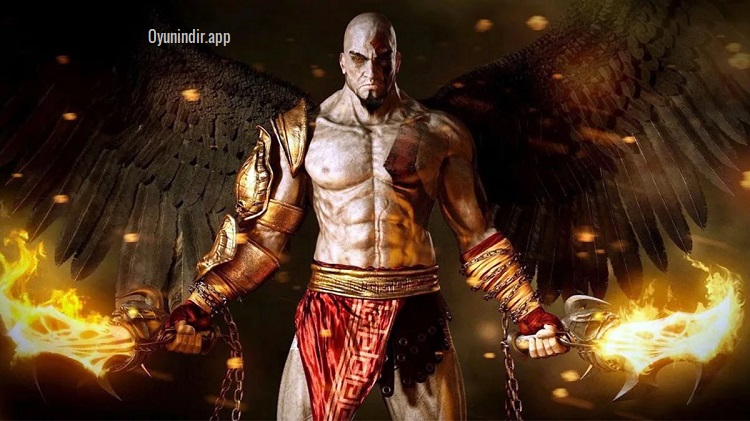 God of War III Remastered sahnesinde Kratos alev saçan zincirli kılıçlarıyla karanlık bir arenada zincire vurulmuş dev Titanın yüzüne meydan okuyor